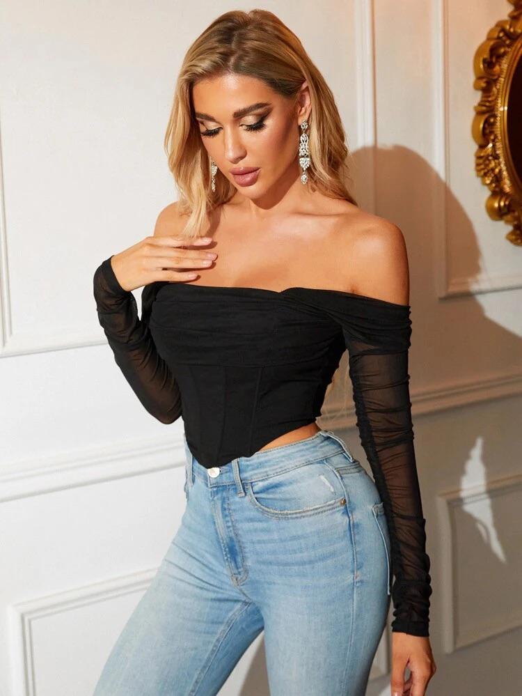 Off Shoulder High-Low Hem Ruched Mesh Corset Top