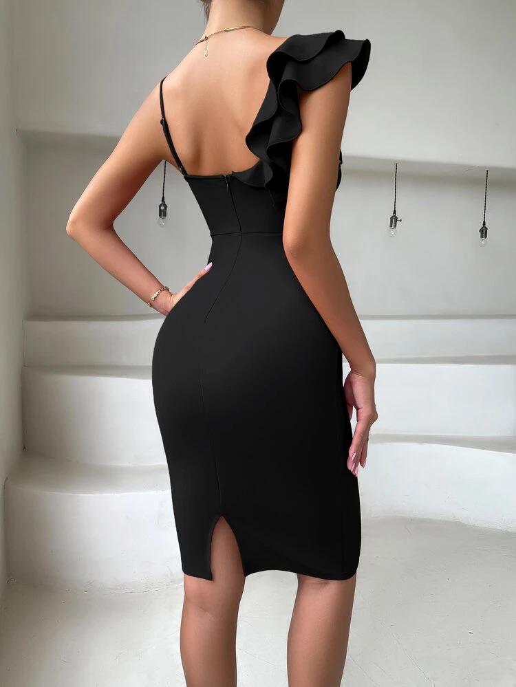 Asymmetrical Neck Ruffle Trim Twist Front Split Back Bodycon Dress Without Belt