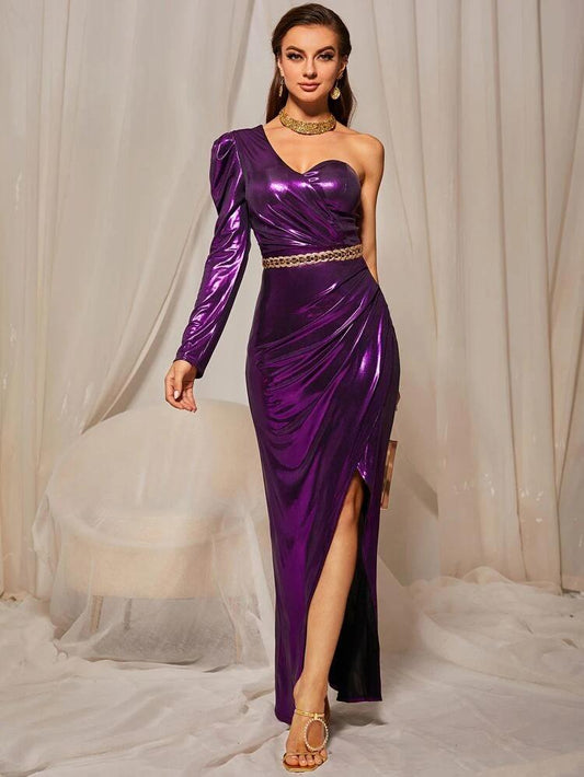 Metallic One Shoulder Wrap Hem Dress Without Belt freeshipping - Kendiee