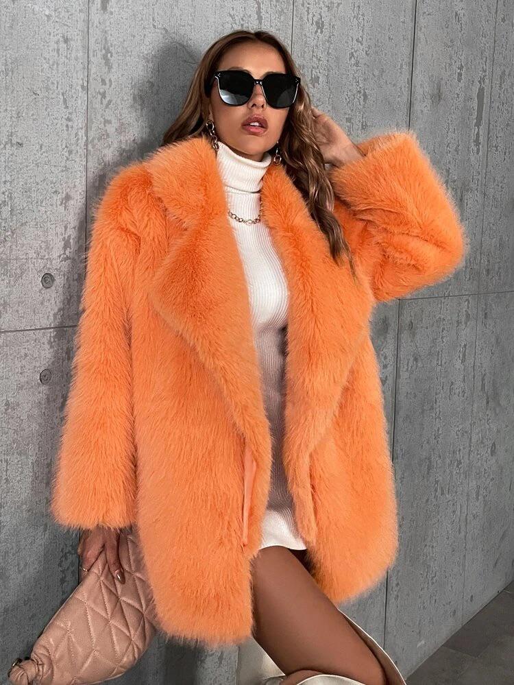 Lapel Neck Open Front Fuzzy Coat