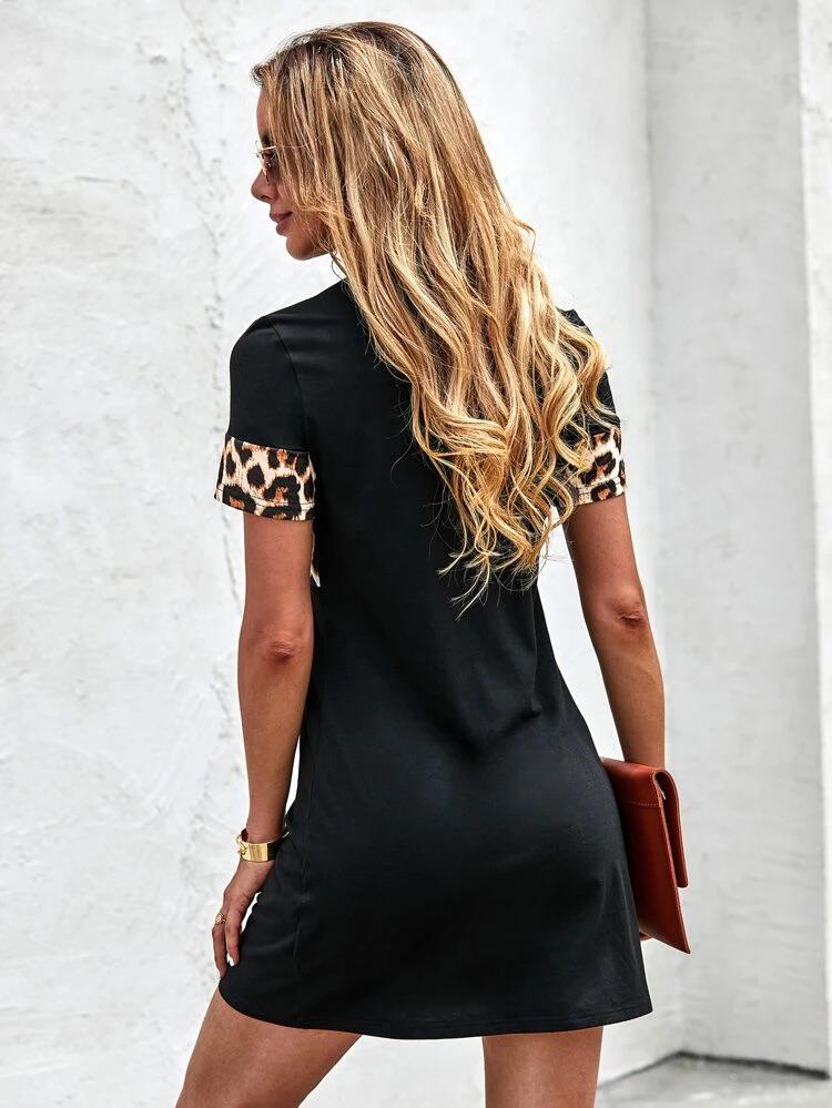 Color-Block Leopard Panel Tee Dress