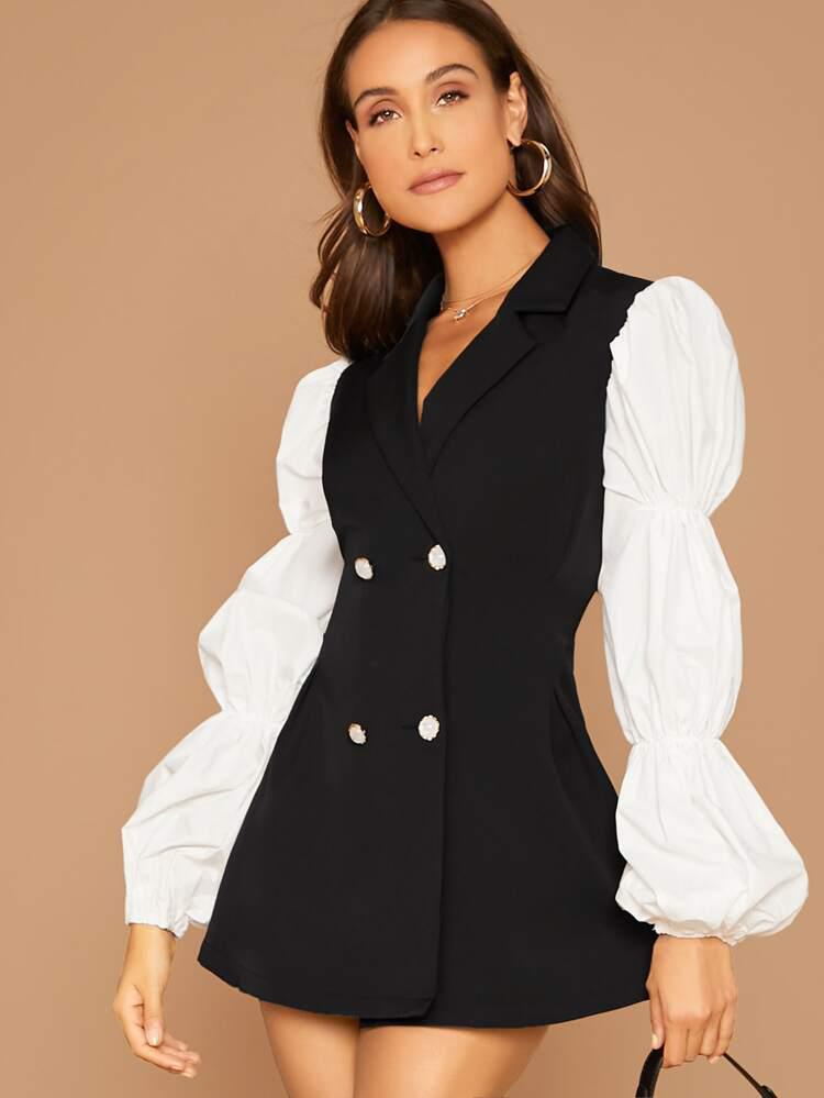 Contrast Lantern Sleeve Double Breasted Blazer Dress freeshipping - Kendiee