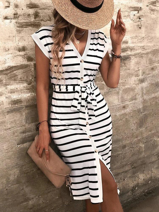 Striped Dolman Sleeve Button Through Slit Hem Belted Dress