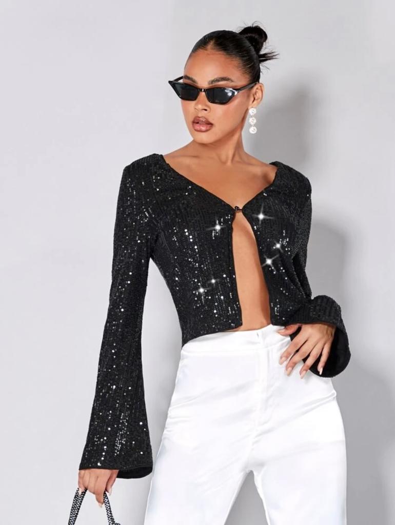 Buttoned Front Crop Sequin Blouse