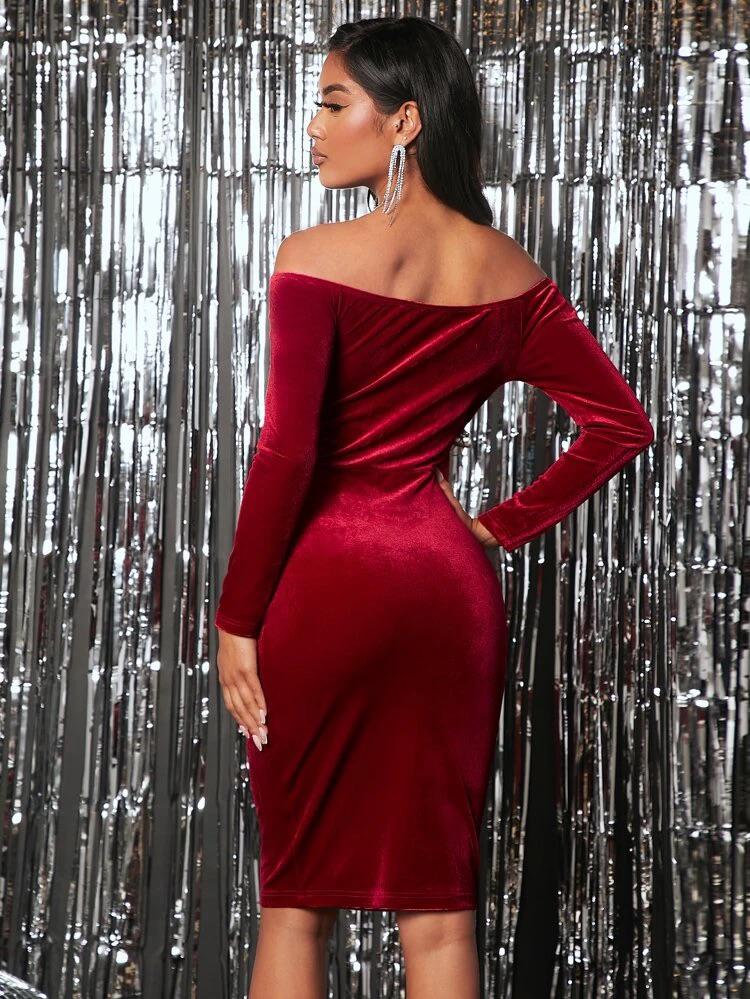 Off Shoulder Ruched Velvet Bodycon Dress