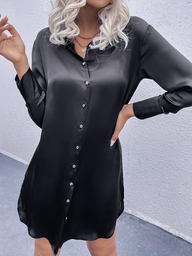 Solid Button Through Longline Blouse Without Belt freeshipping - Kendiee