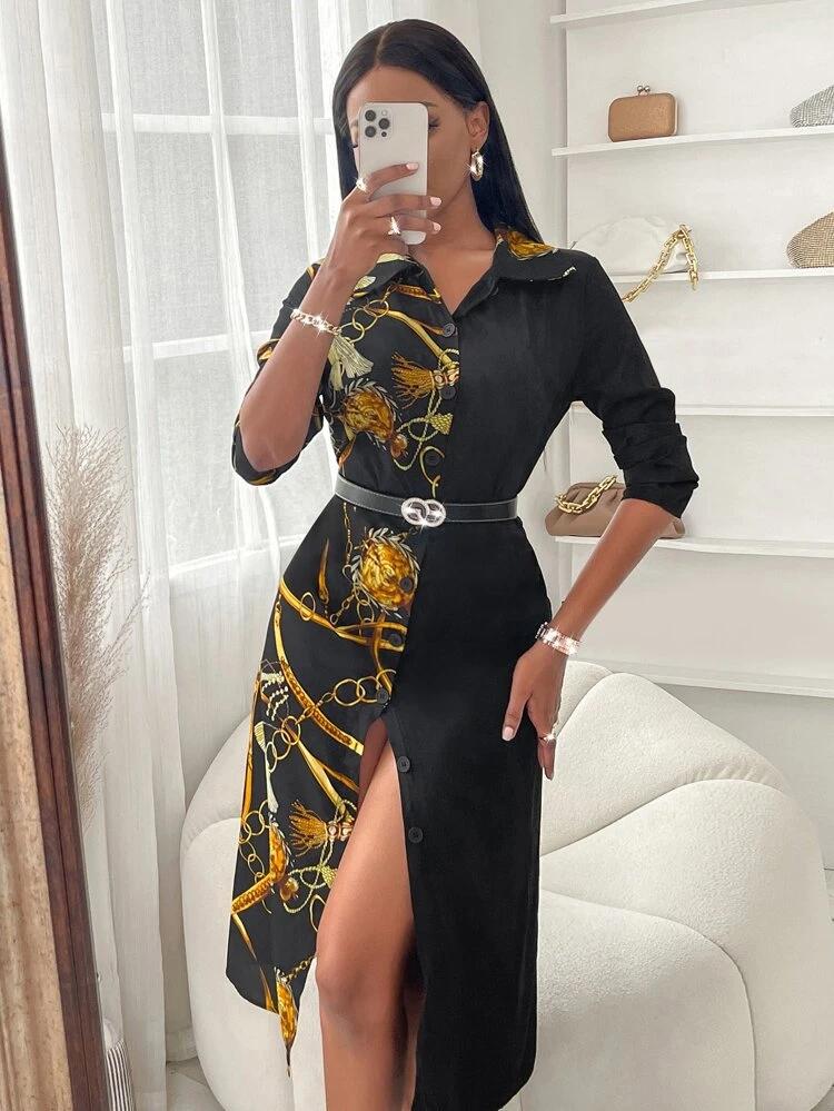 Random Chain Print Shirt Dress Without Belt freeshipping - Kendiee