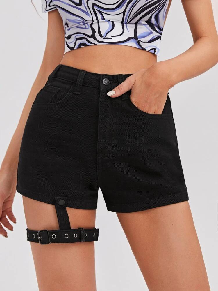 High Waist Strap Detail Denim Shorts freeshipping - Kendiee