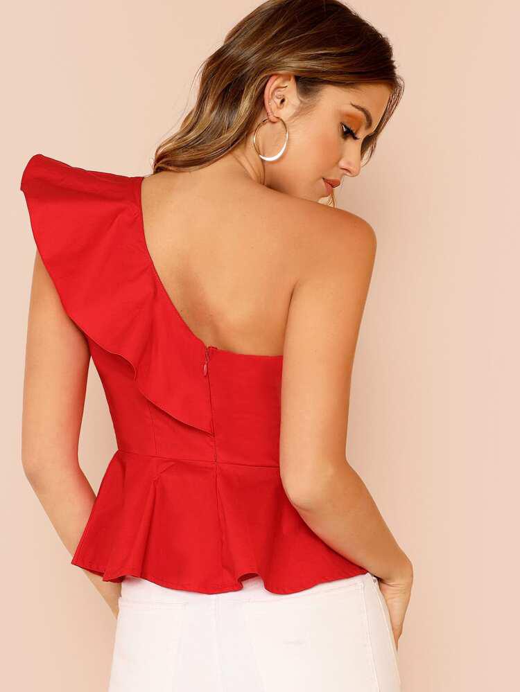 Ruffle Trim One Shoulder Peplum Top freeshipping - Kendiee