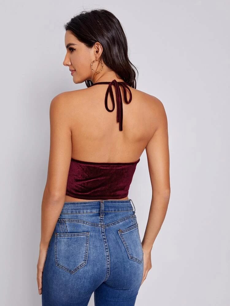 Draped Neck Hanky Hem Tied Back Velvet Halter freeshipping - Kendiee