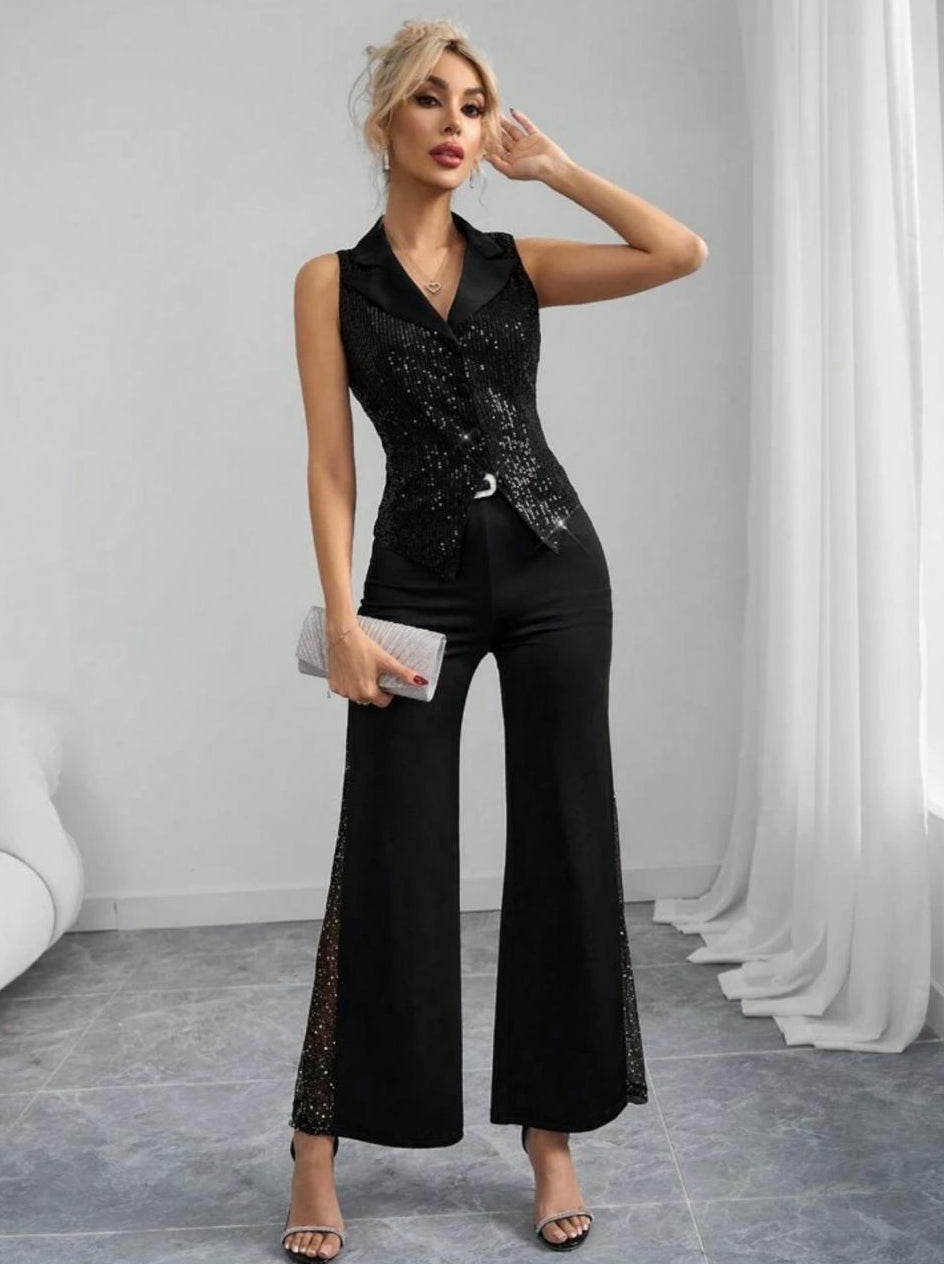 Sleeveless Black Suit Collar Fitted Sequin Top