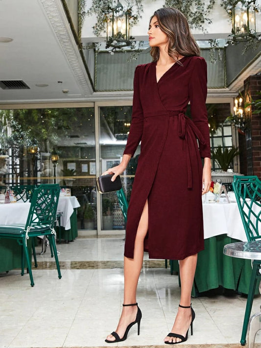 Surplice Neck Wrap Belted Dress freeshipping - Kendiee