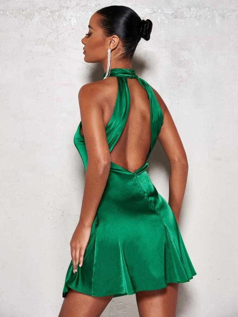 Solid Satin Halter Neck Dress