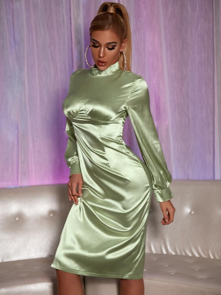 Satin Solid Split Back Fitted Dress freeshipping - Kendiee