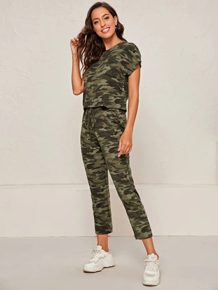 Batwing Sleeve Camo Tee And Tie Front Joggers Set