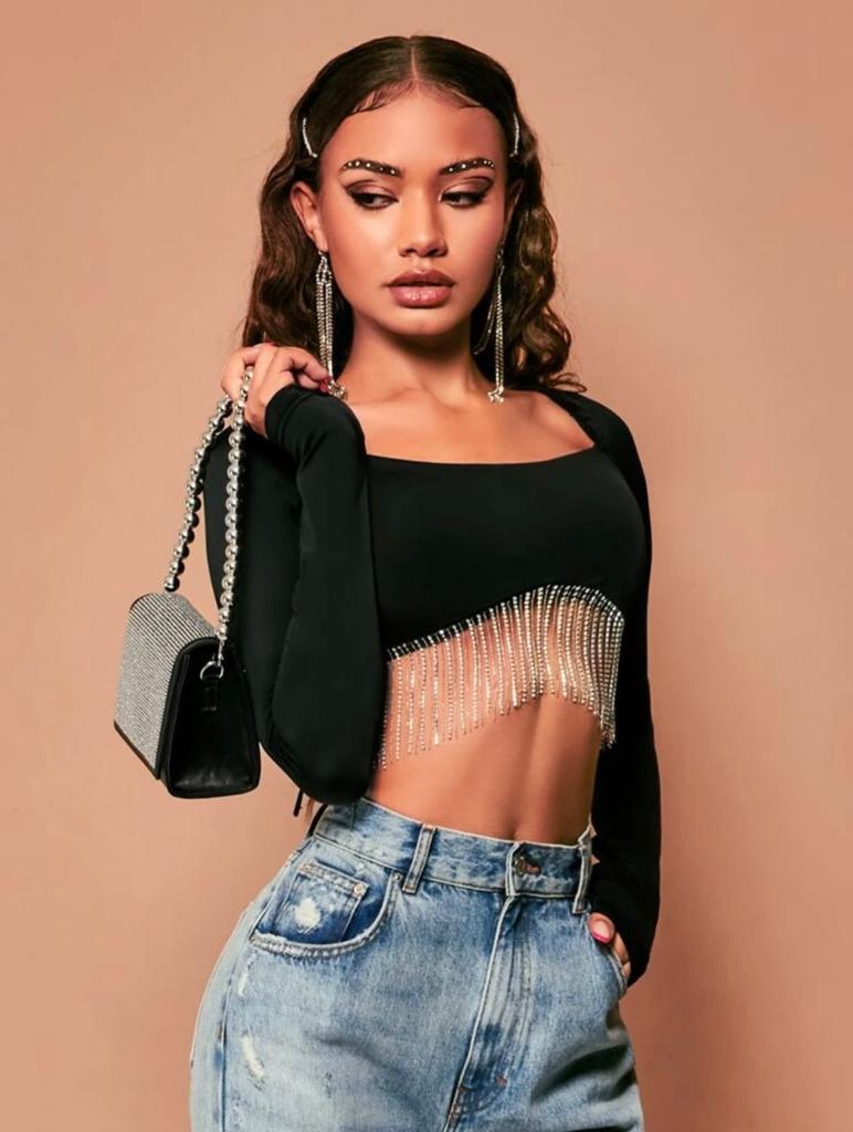 Raglan Sleeve Rhinestone Fringe Trim Crop Top