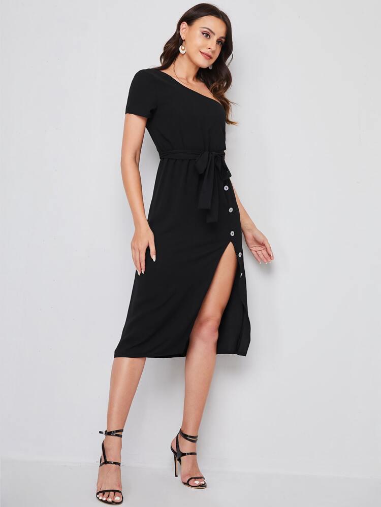 Asymmetrical Neck Belted Split Thigh Dress freeshipping - Kendiee