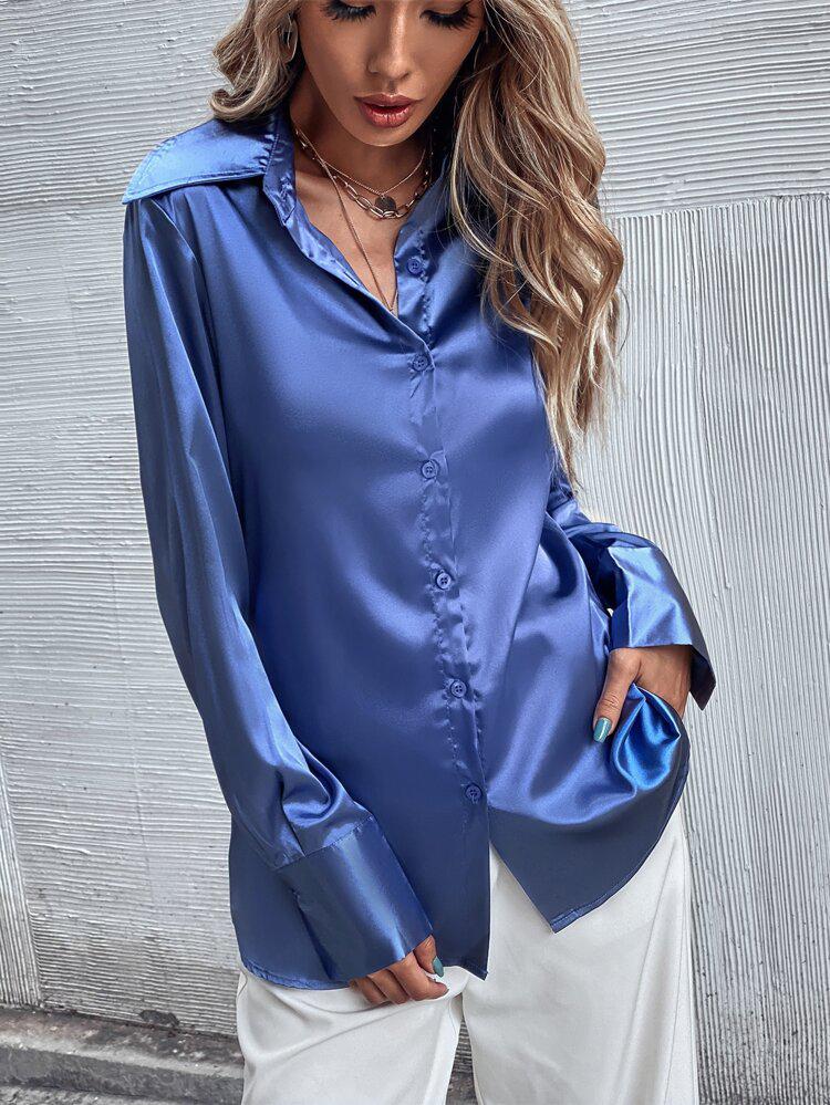 Satin Button Front Blouse freeshipping - Kendiee