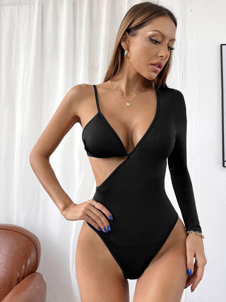 One Sleeve Cutout Detail Bodysuit freeshipping - Kendiee