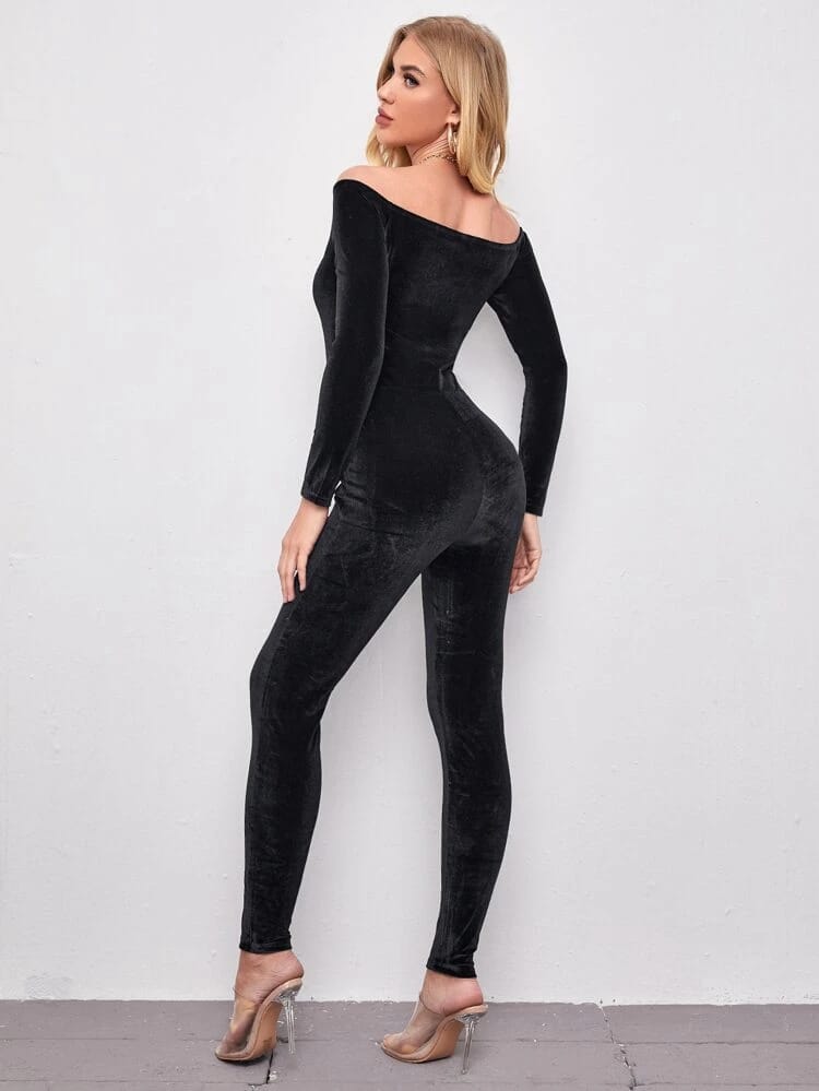 Off Shoulder Knot Waist Velvet Jumpsuit freeshipping - Kendiee