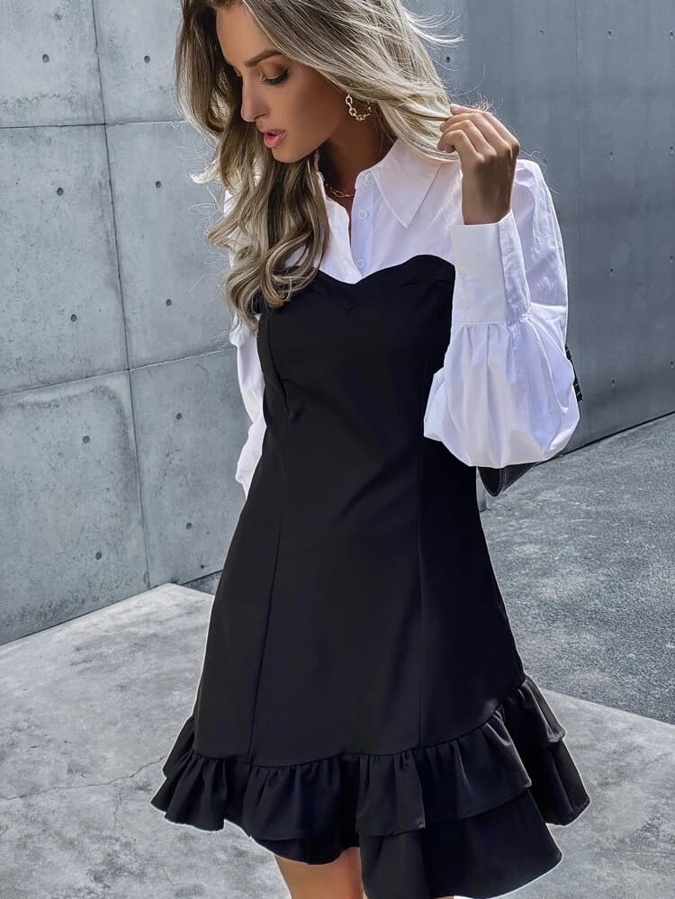 Two Tone Puff Sleeve Ruffle Hem Shirt Dress freeshipping - Kendiee