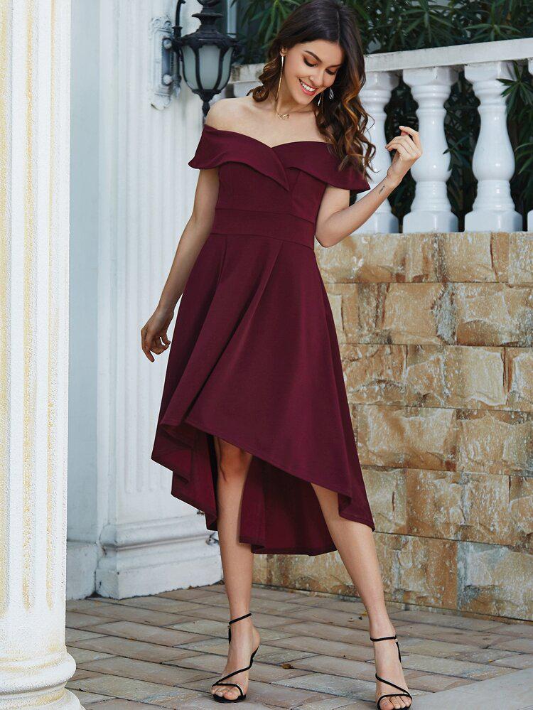 Off Shoulder High Low Hem Dress freeshipping - Kendiee