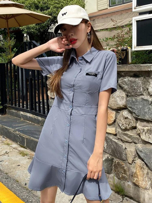 Patch Detail Ruffle Hem Shirt Dress freeshipping - Kendiee