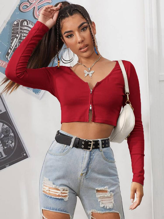 Zipper Placket Rib-Knit Crop Top freeshipping - Kendiee