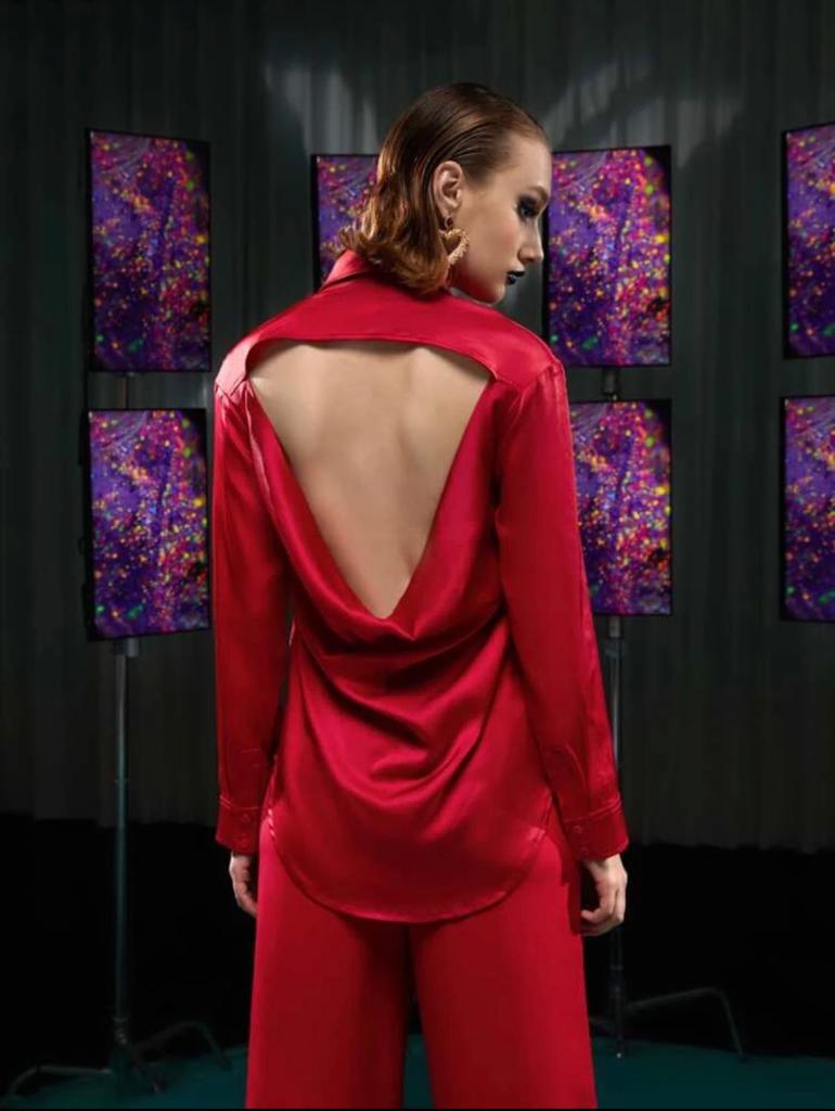 Draped Open Back Satin Blouse freeshipping - Kendiee