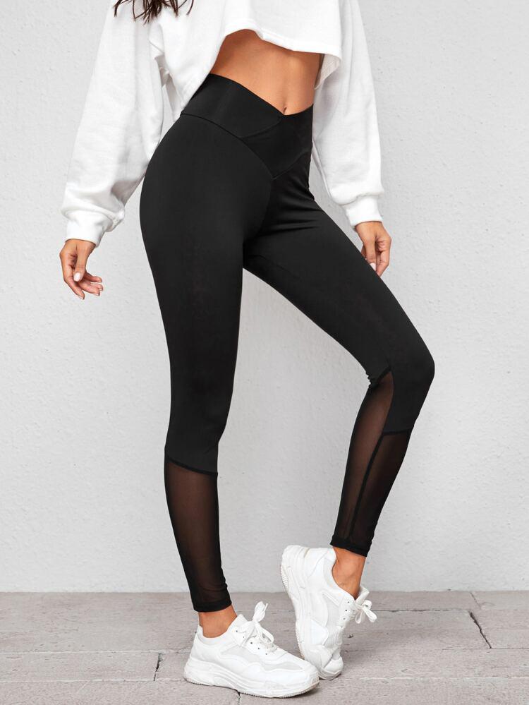 Contrast Mesh Wideband Waist Leggings freeshipping - Kendiee