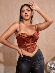 Solid Asymmetrical Hem Lace Up Back Ruched Bustier Crop Shapewear Corset Top