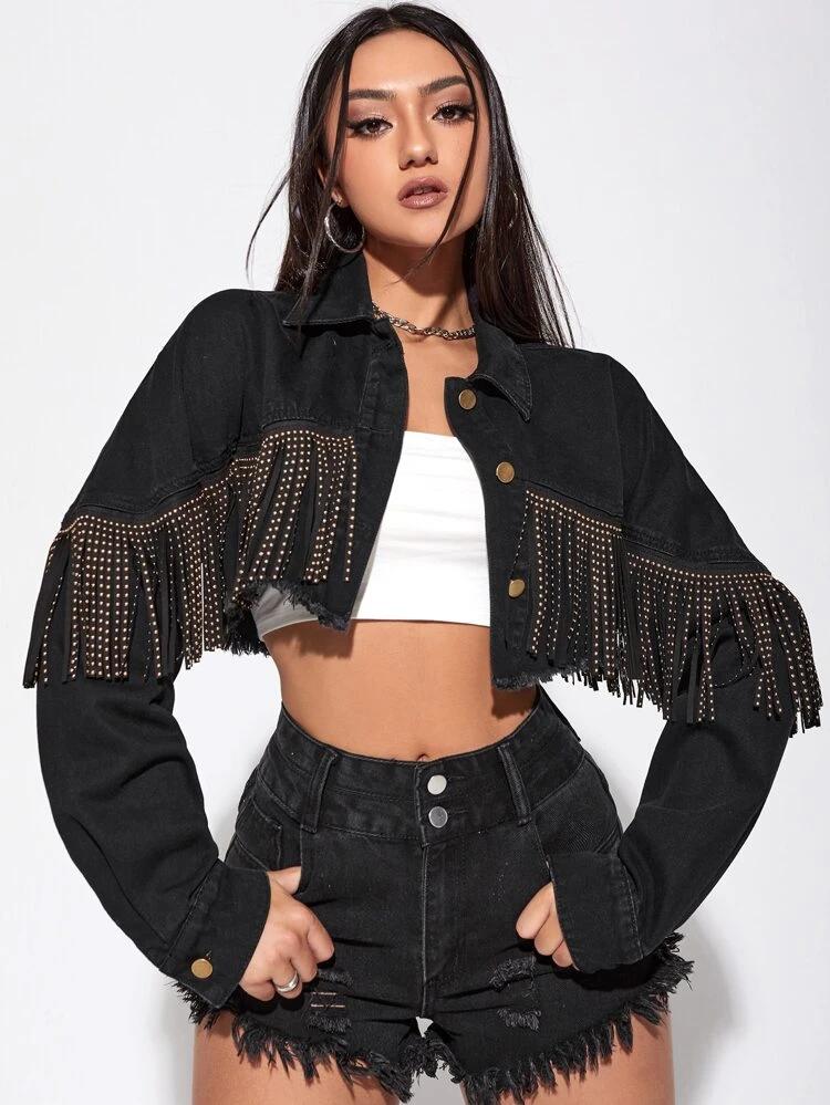 Solid Fringe Button Front Crop Denim Jacket freeshipping - Kendiee