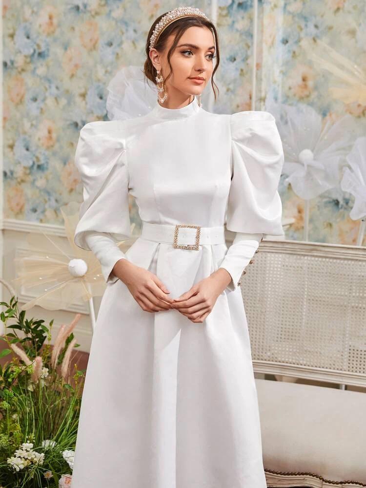 Gigot Sleeve Buckle Belted Mock Neck Dress