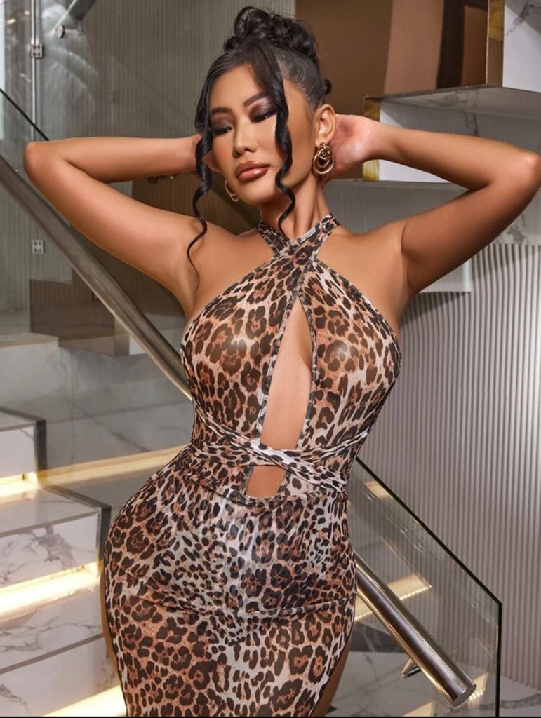 Leopard Crisscross Tie Backless Split Thigh Dress