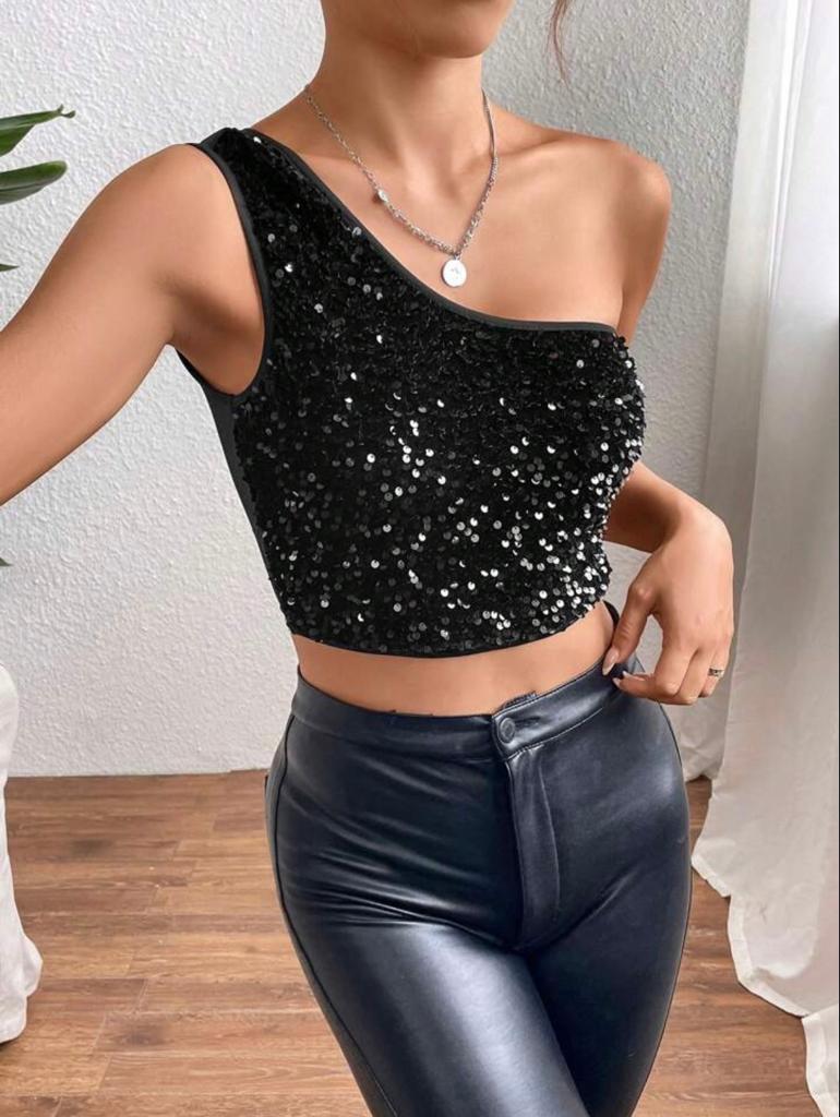 One Shoulder Sequin Crop Top