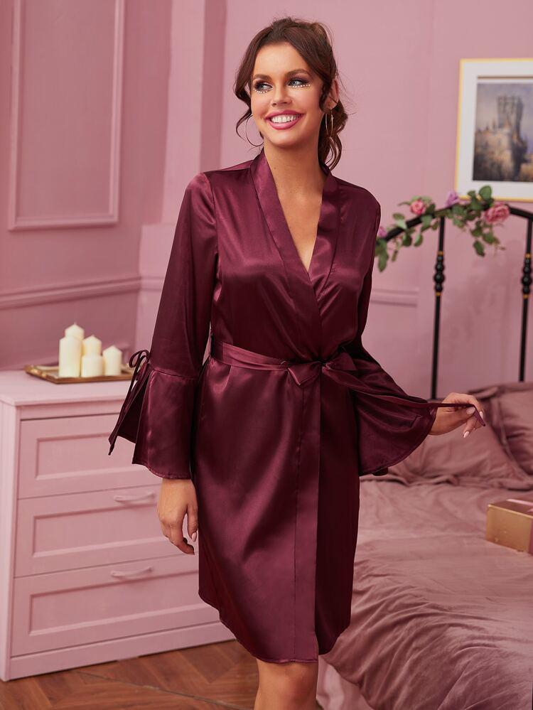 Satin Belted Split Cuff Night Robe freeshipping - Kendiee