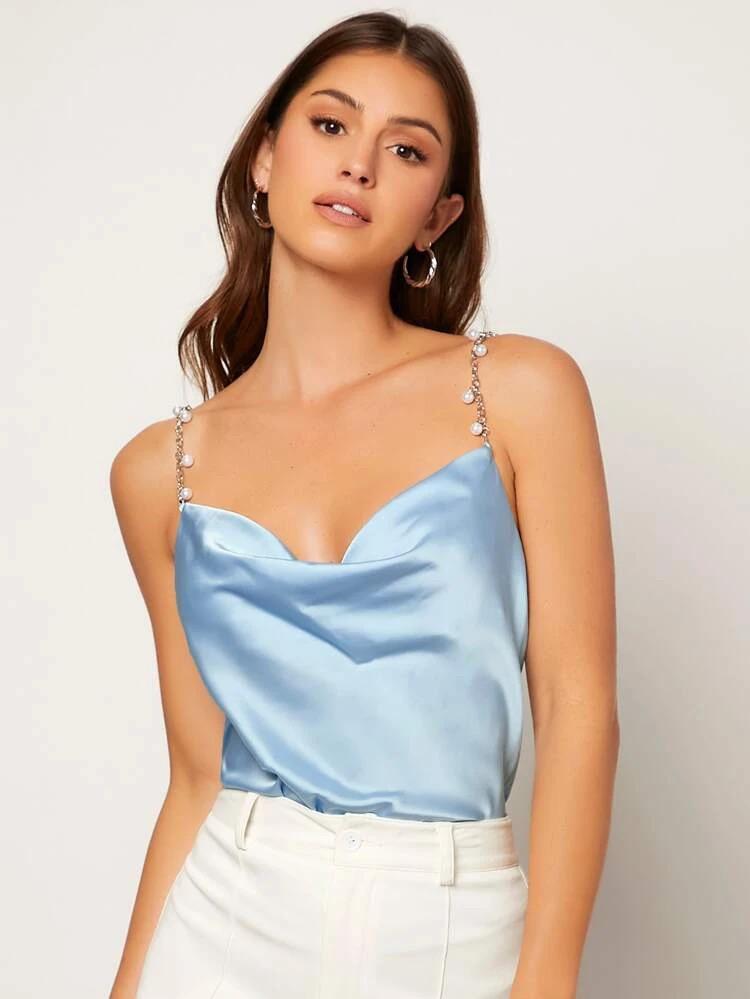 Pearls Beaded Chain Detail Draped Satin Cami Top