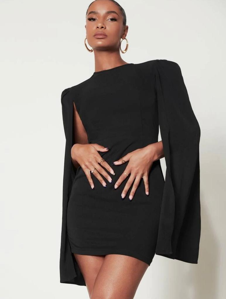 Cloak Sleeve Open Back O-Ring Zip Up Dress