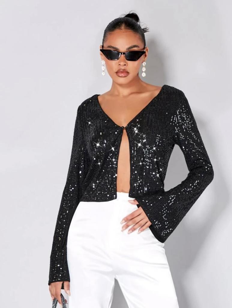 Buttoned Front Crop Sequin Blouse