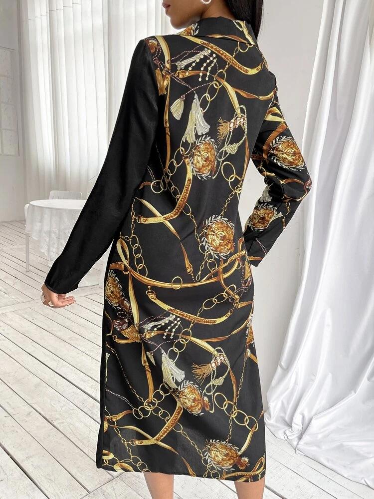 Random Chain Print Shirt Dress Without Belt freeshipping - Kendiee