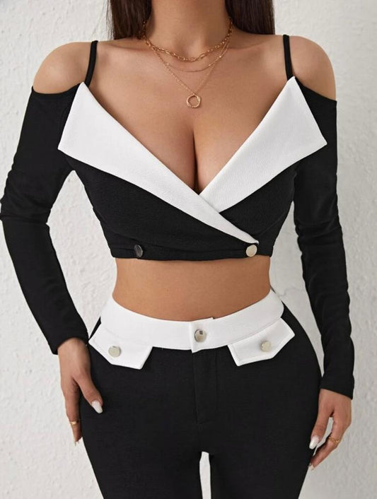 Colorblock Double Button Cold Shoulder Crop Top