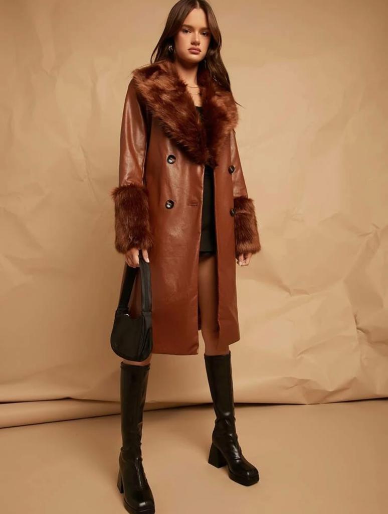 Fuzzy Collar & Cuff PU Leather Pea Coat