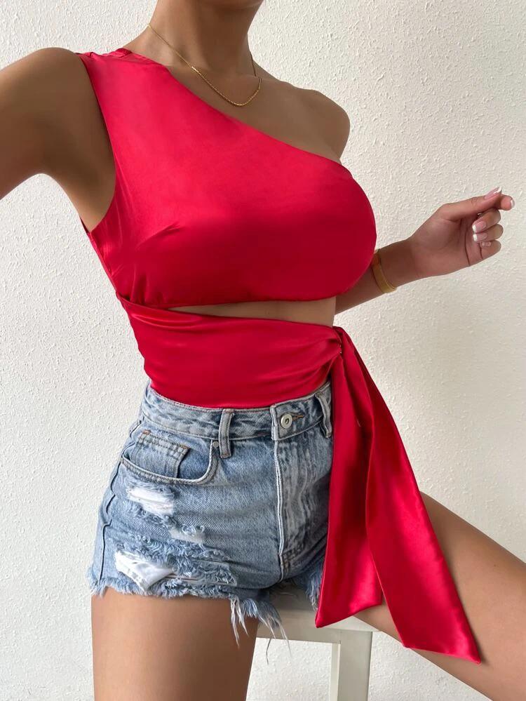 One Shoulder Tie Side Satin Top