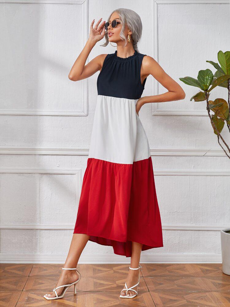 Colorblock Frill Trim Smock Dress freeshipping - Kendiee