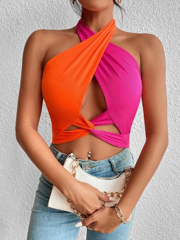 Colorblock Twist Front Cut Out Crop Halter Top