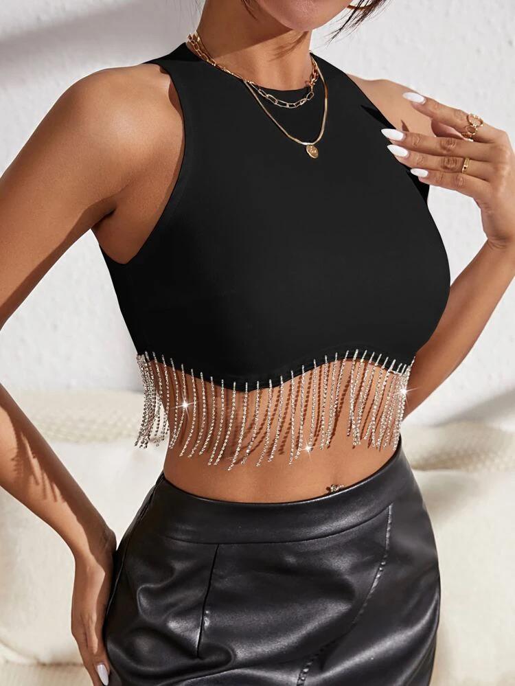 Rhinestone Fringe Zip Back Tank Top