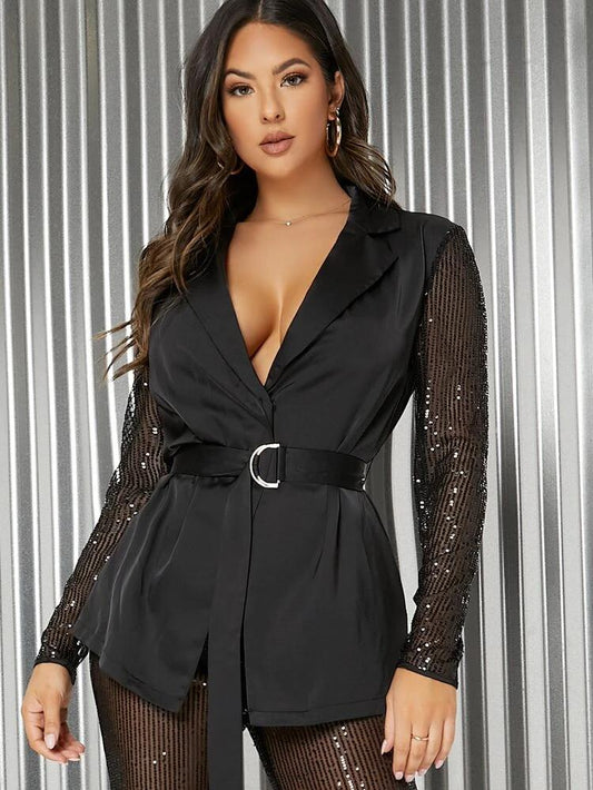 Sequin Insert Belted Satin Blazer freeshipping - Kendiee