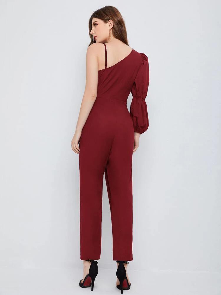 Asymmetrical Neck Gathered Sleeve Jumpsuit