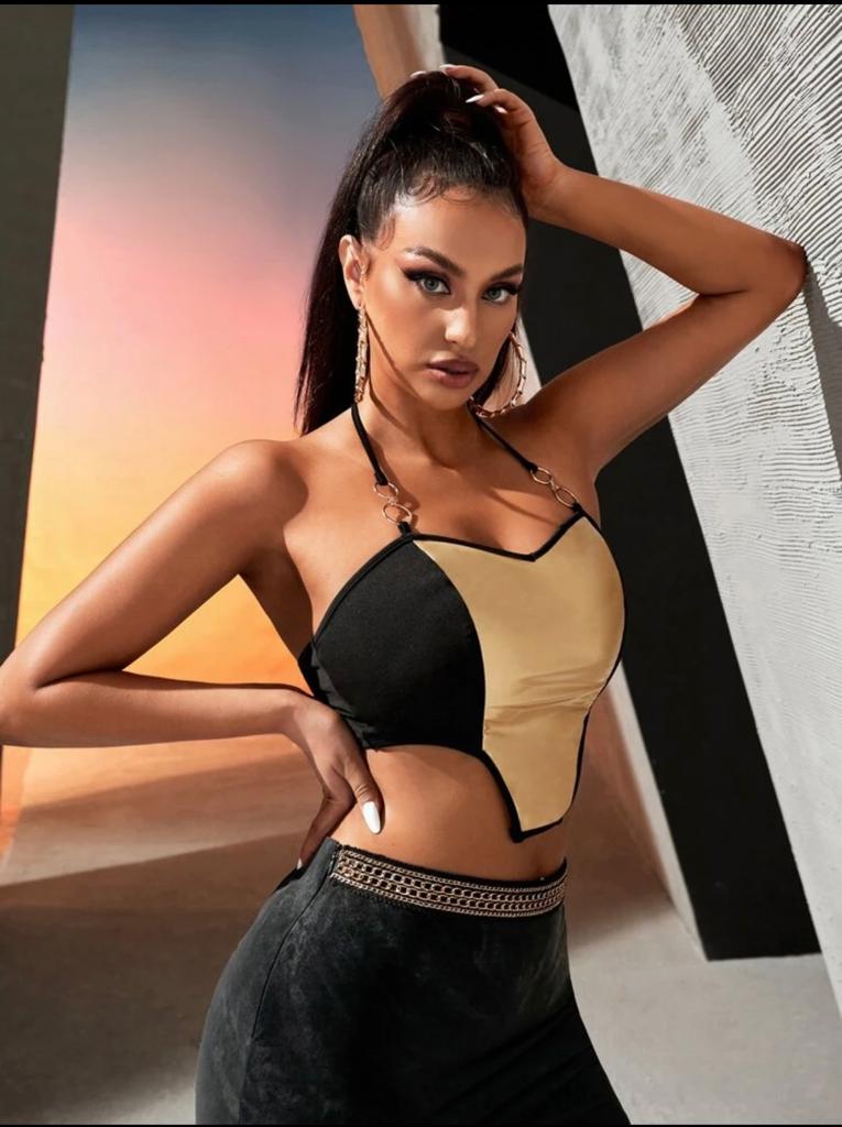 O-Ring Detail Asymmetrical Hem Two Tone Crop Halter Top