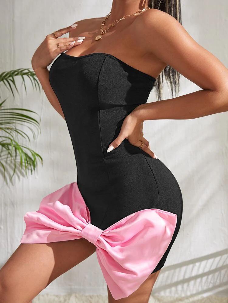 Two Tone Bow Front  Bodycon Tube Dress